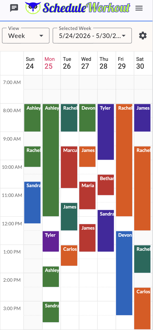 ScheduleWorkout booking interface